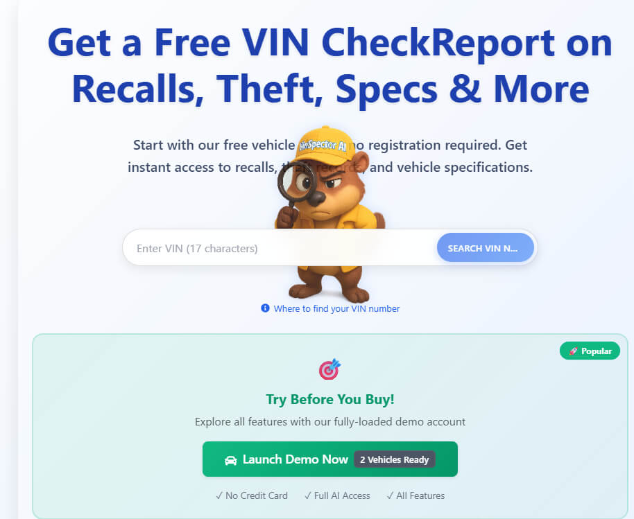 VinspectorAI main page - Free VIN check and vehicle history report