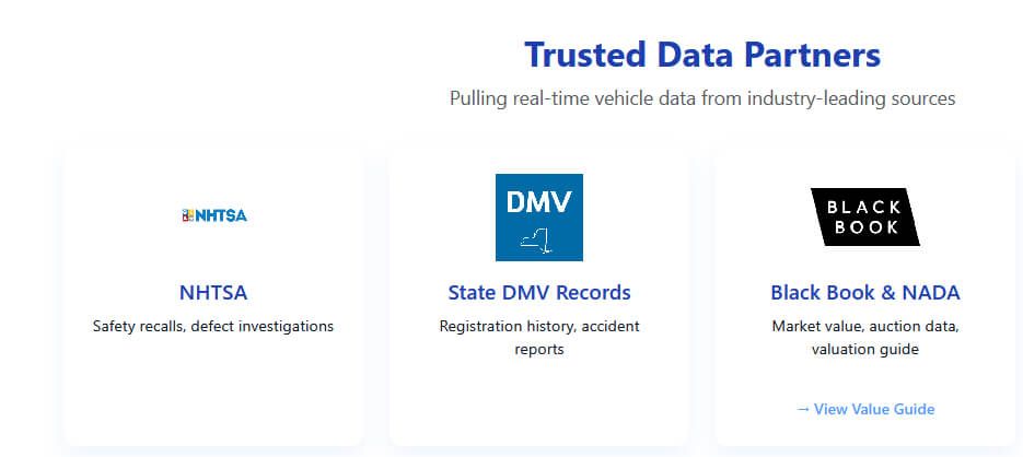Jeep VIN decoder trusted data sources - VINspectorAI partners with DMV, Black Book, NHTSA for accurate vehicle history reports
