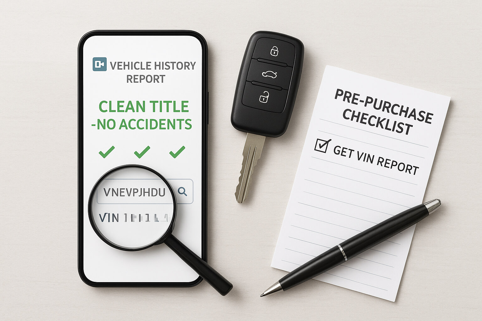 Overhead view of a smartphone showing a clean vehicle history report, a car key, and a checklist, emphasizing the importance of a VIN check.