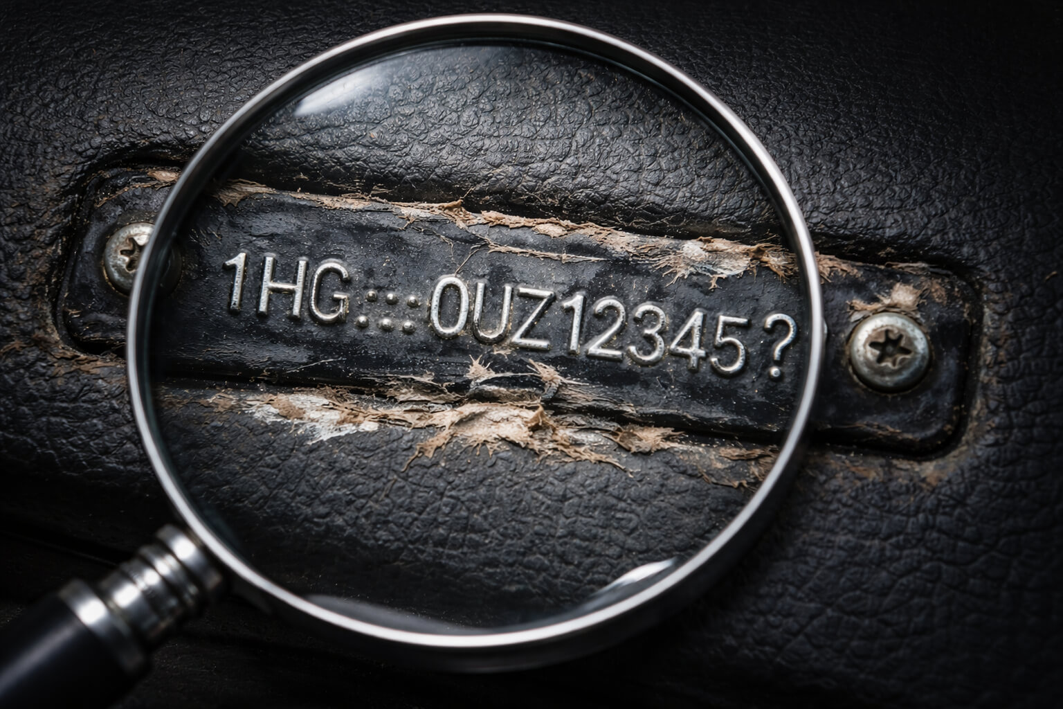 Close-up macro photo of a tampered vehicle VIN plate under a magnifying glass showing scratched, altered numbers and peeling edges – common signs of fake VIN number fraud in used cars 2026.