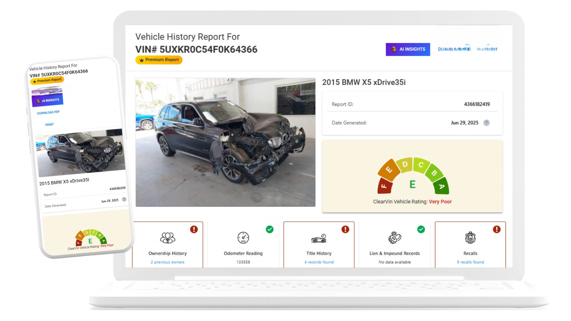 VIN check report example: 2015 BMW X5 with Very Poor rating and 6 NHTSA recalls found