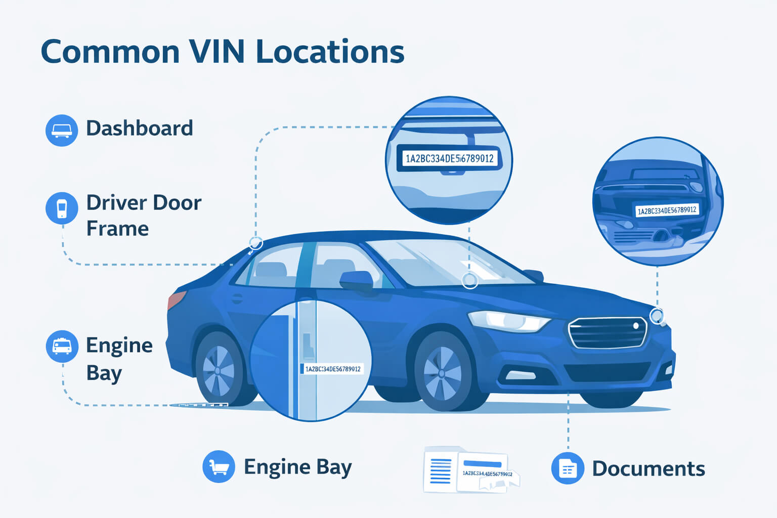 Diagram showing common VIN plate locations inside and outside a vehicle.