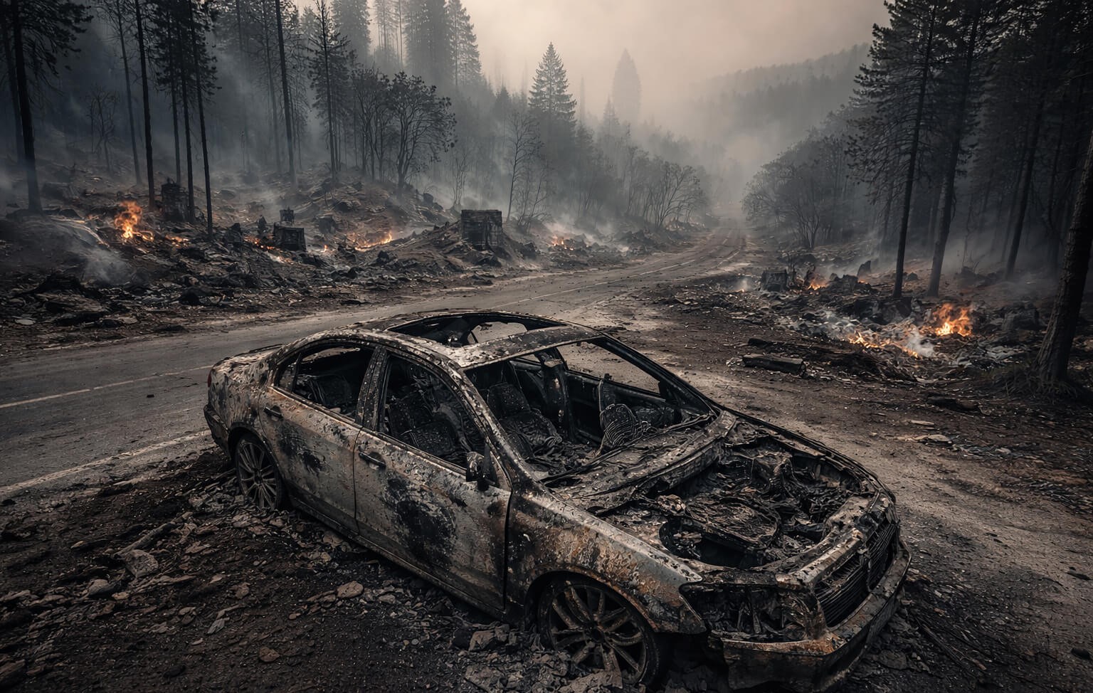 everely burned sedan destroyed by California wildfire, charred frame and interior in smoky forest aftermath, highlighting hidden damage risks for used car buyers in CA