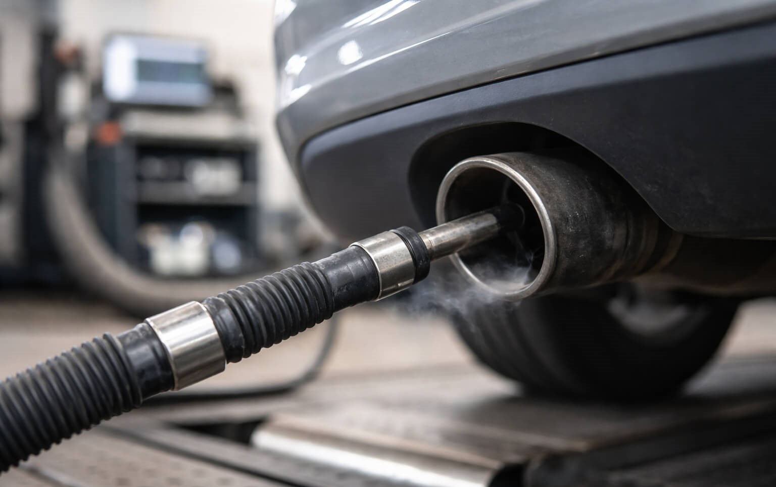 Close-up of vehicle tailpipe during car emissions testing with exhaust probe inserted