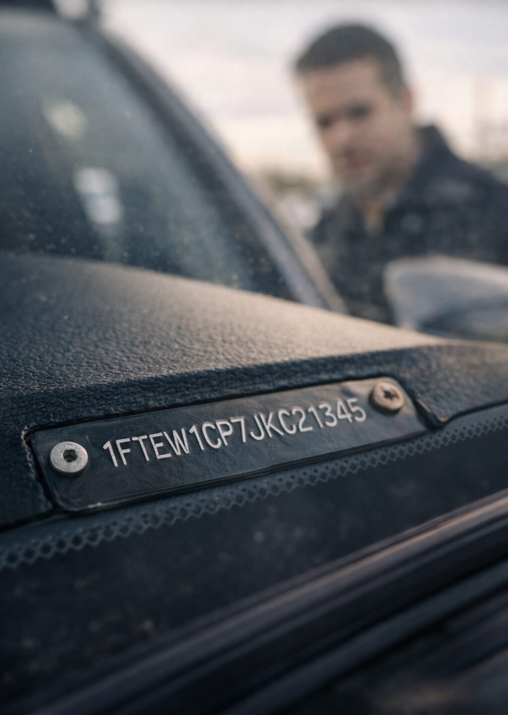 Close-up of vehicle VIN plate with mismatched rivets showing potential VIN cloning and tampering signs