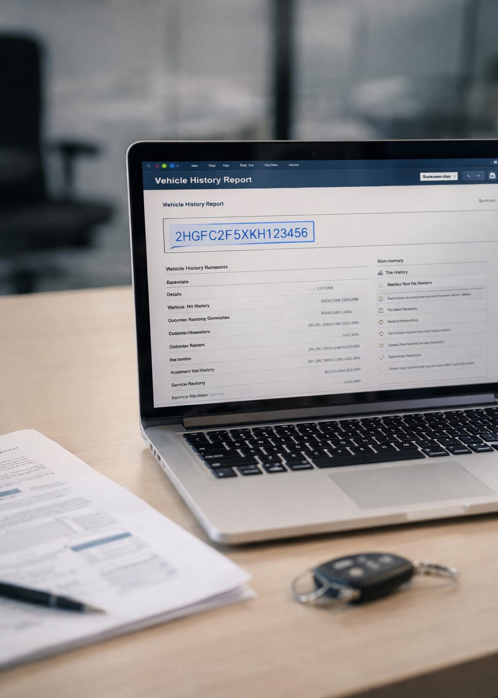 Laptop displaying vehicle history report with VIN number highlighted during used car verification process