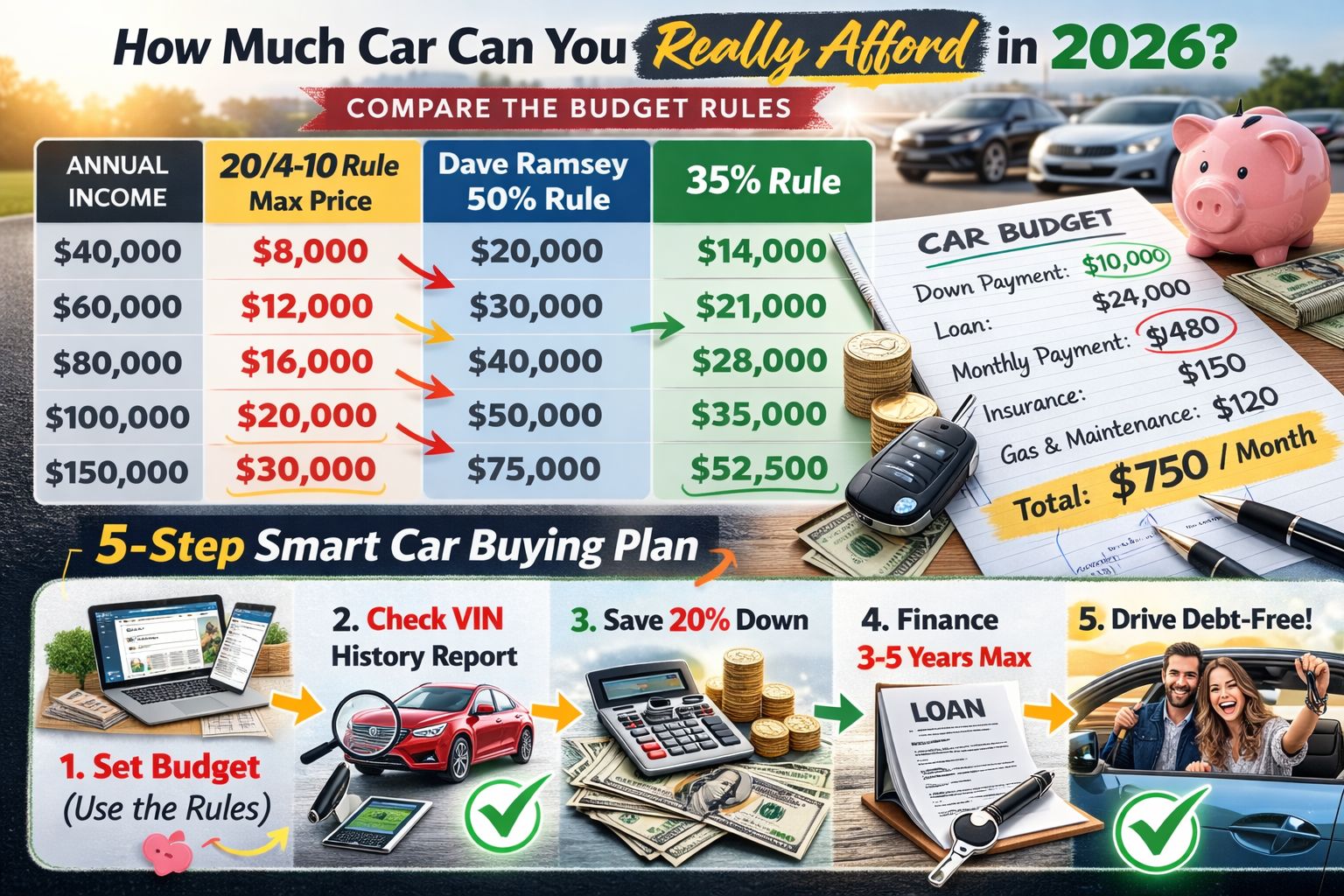 Infographic explaining 2026 car buying budget rules comparing the 20/4-10 rule, the 35% rule, and Dave Ramseyβs 50% rule with example car prices, monthly transportation costs, and a five-year cost breakdown.