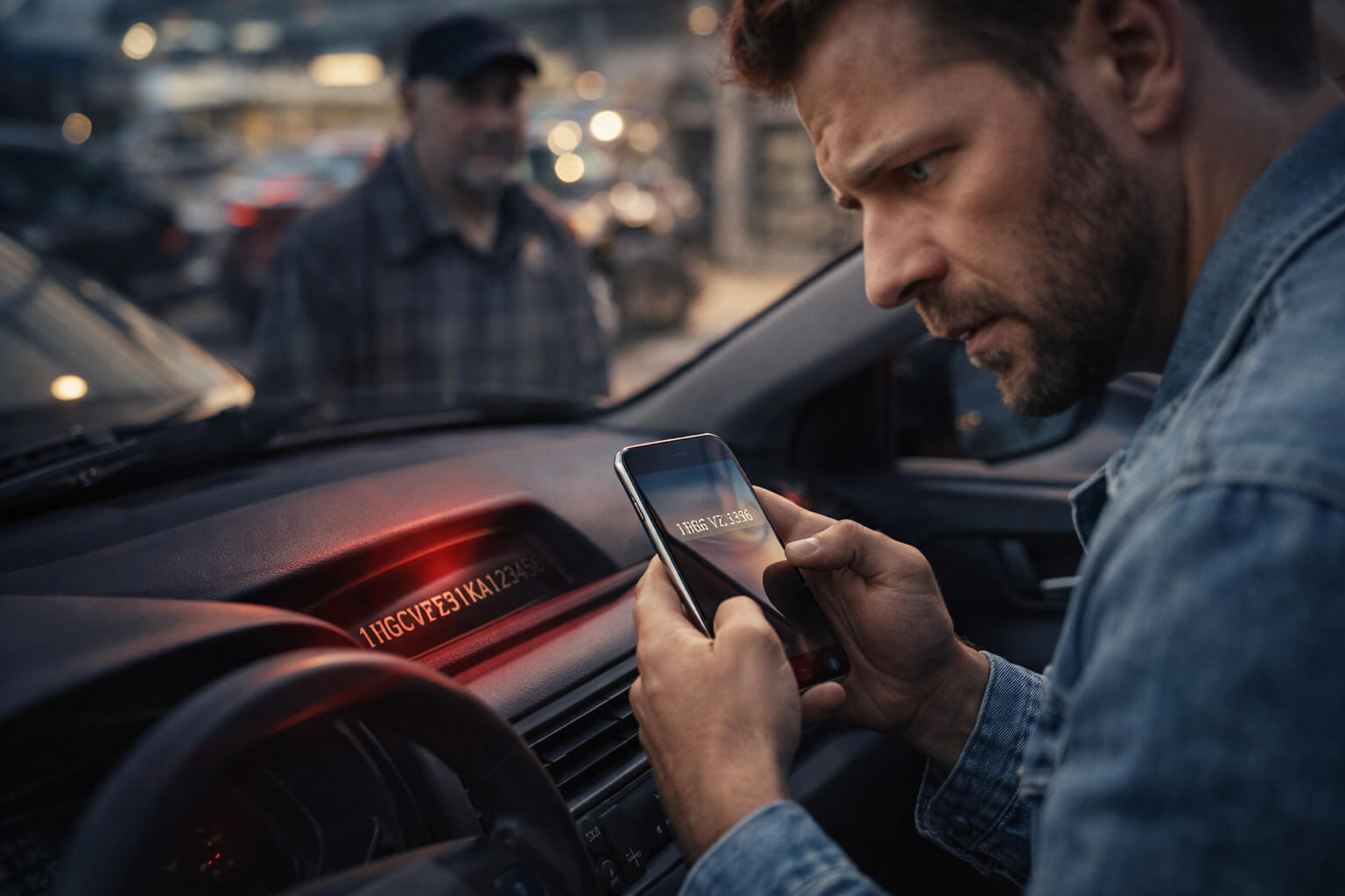 Man scanning a VIN number on a used car with a smartphone, highlighting potential hidden problems and vehicle history risks