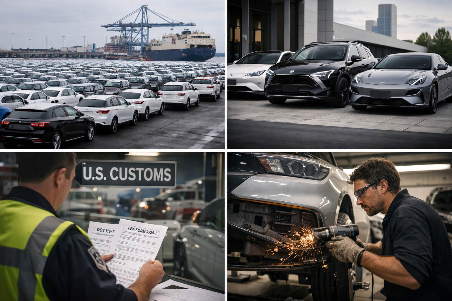 Ultra realistic collage showing the full process of importing a Chinese electric vehicle to the United States, including port shipping, customs paperwork, EV model selection, and federalization modifications.