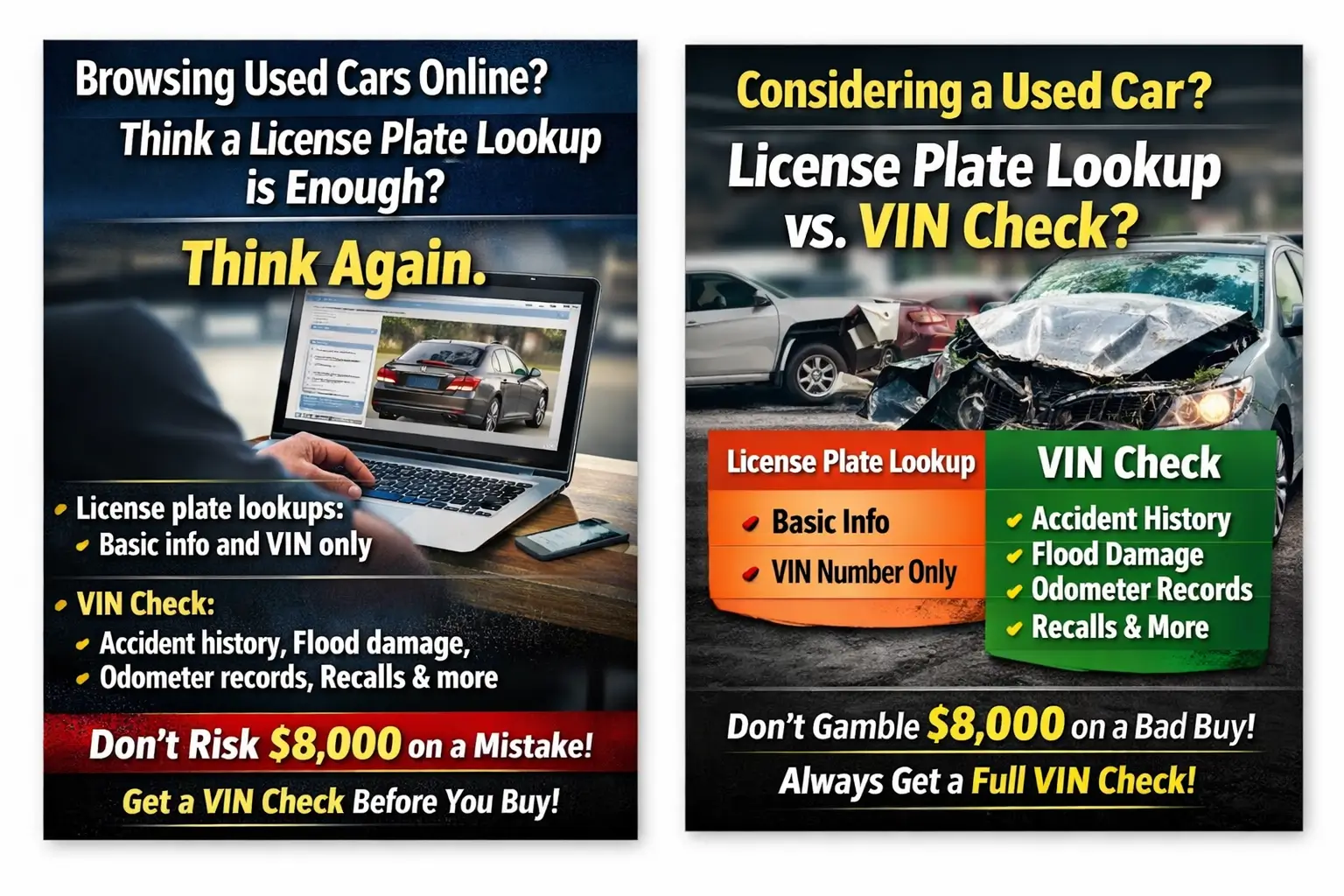 License Plate Lookup versus VIN Vehicle History Report comparison chart with key differences