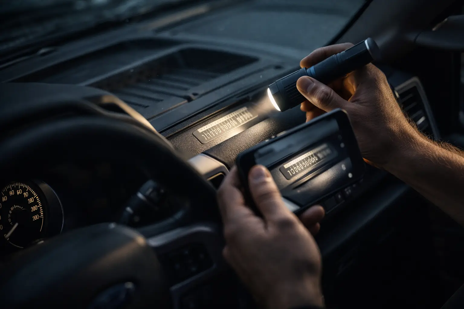 Buyer inspecting vehicle VIN number on dashboard before buying a used car