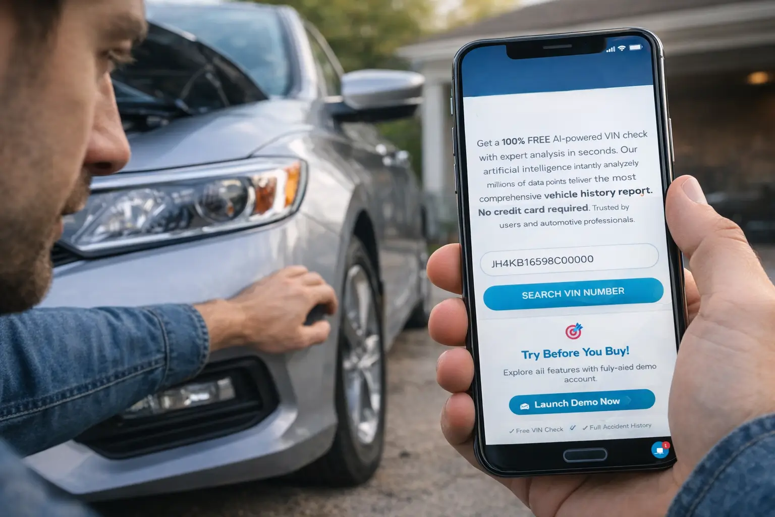 Person checking VIN number on car dashboard before buying used vehicle