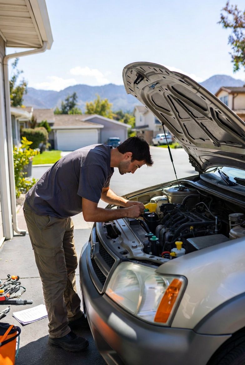 Man performing pre-road trip inspection by checking engine oil and coolant levels under the hood of a used SUV in a driveway