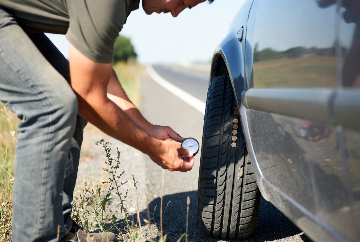 Driver checking tire pressure and tread depth on a used car parked beside the highway during pre-road trip preparation