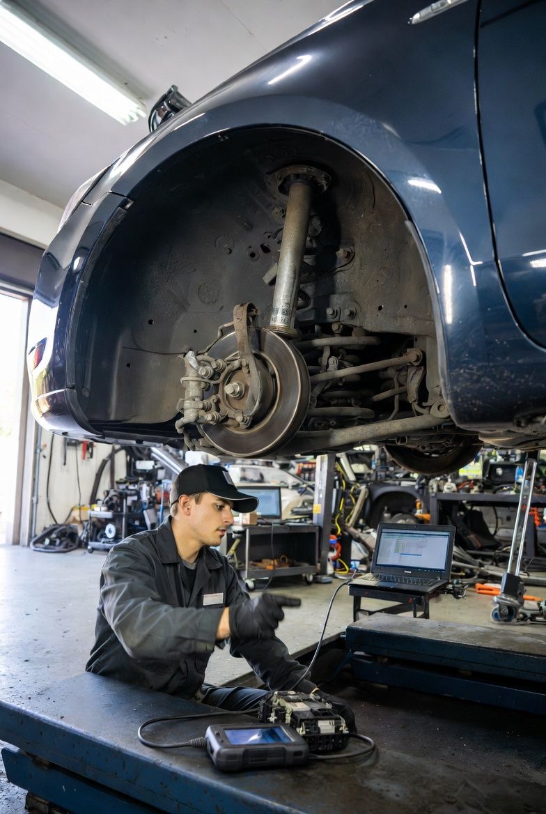 Professional mechanic performing pre-purchase inspection on a used car lifted on a hoist in an auto repair shop, checking underbody and suspension