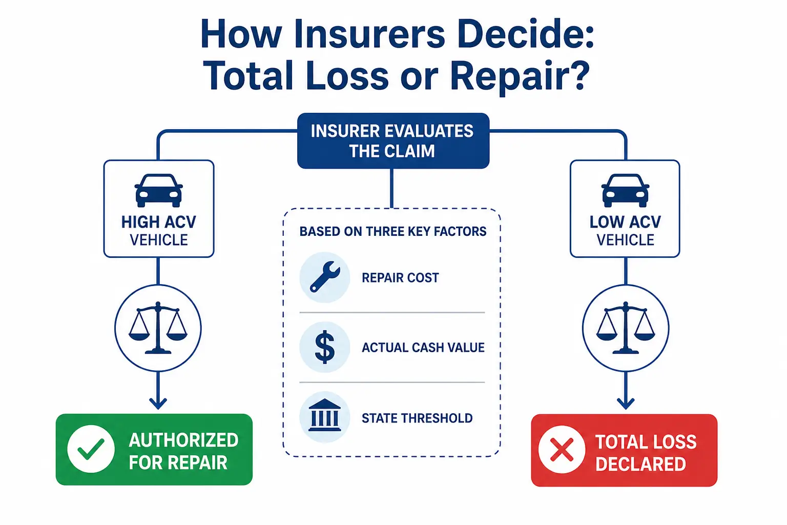 Flowchart infographic showing how insurers decide between total loss or repair based on three factors: repair cost, actual cash value, and state threshold.