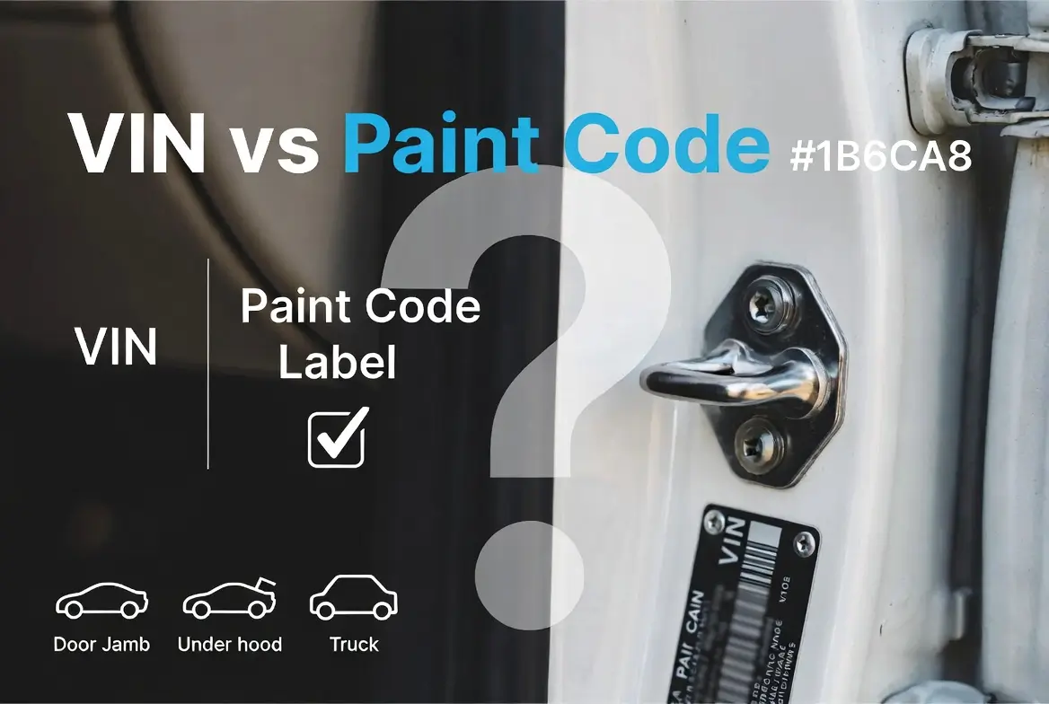 Infographic showing the difference between VIN and paint code label, with three locations where the paint code can be found: door jamb, under the hood, and trunk.