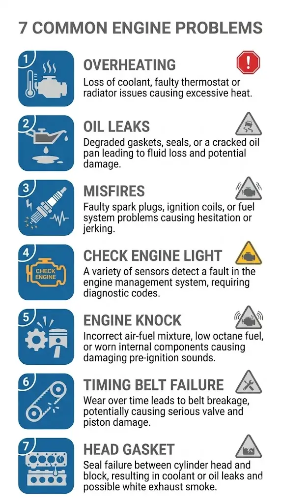 Infographic listing 7 common car engine problems: overheating, oil leaks, misfires, check engine light, engine knock, timing belt failure, and head gasket failure, each with cause and icon.