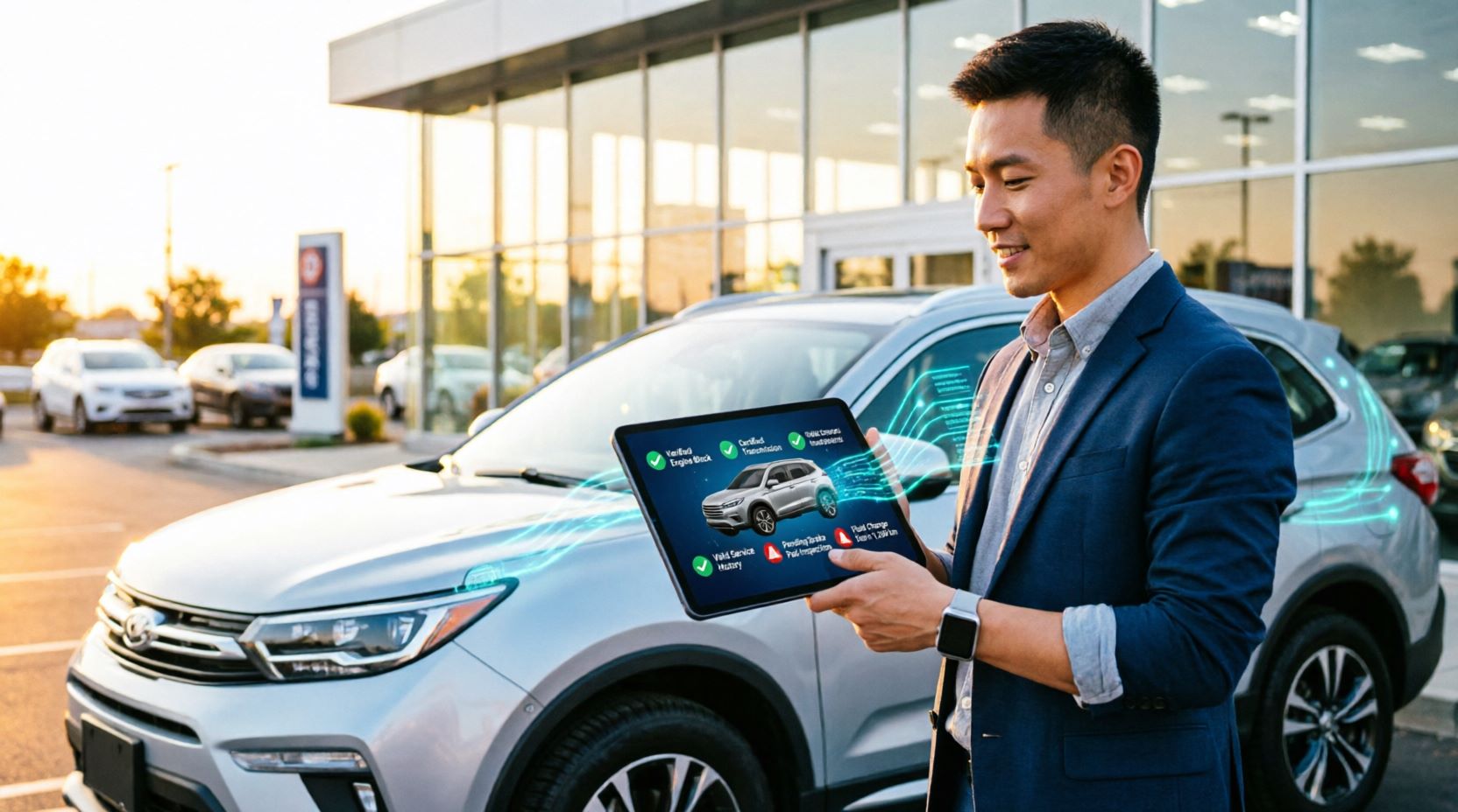 Professional car buyer at dealership using tablet with AI-powered vehicle history report, showing holographic data visualization and inspection analytics overlaid on white SUV during golden hour