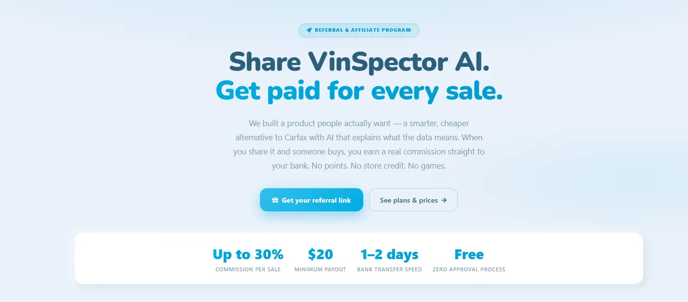 VINspectorAI affiliate program hero section showing up to 30% recurring commission per sale, $20 minimum payout, and 1–2 day bank transfer