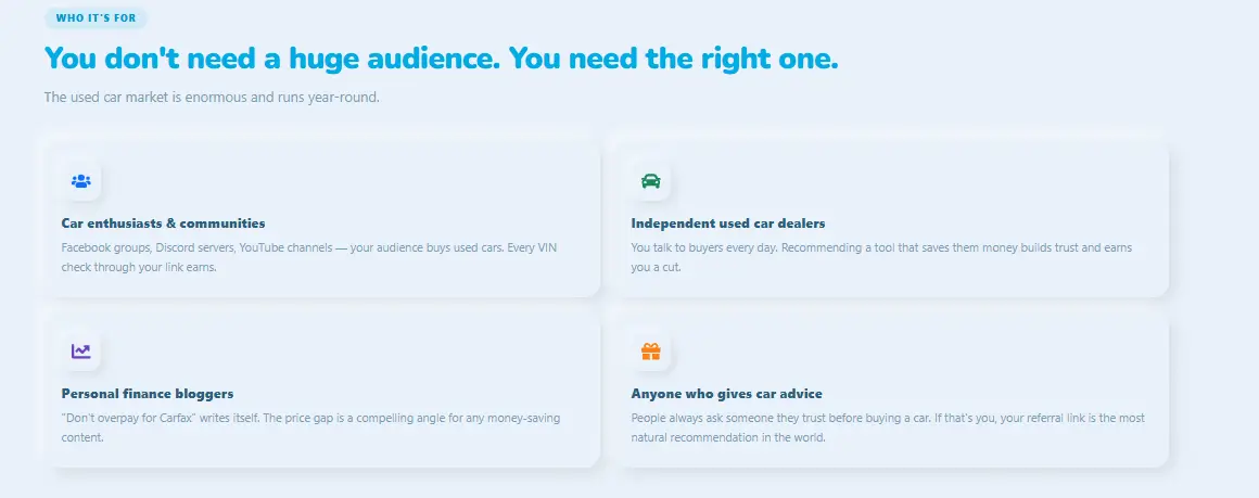 VINspectorAI affiliate program target audiences — car enthusiasts, used car dealers, personal finance bloggers, and anyone who gives car advice