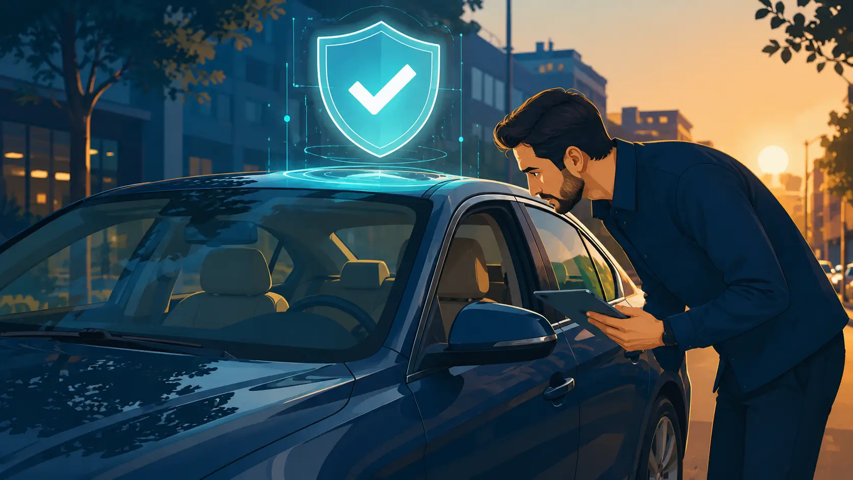Person inspecting a used car at golden hour while a holographic shield with a checkmark hovers above, symbolizing vehicle history protection through a VIN check