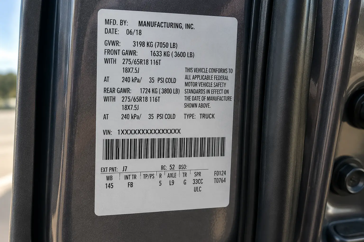 Driver door sticker showing GVWR and towing capacity information