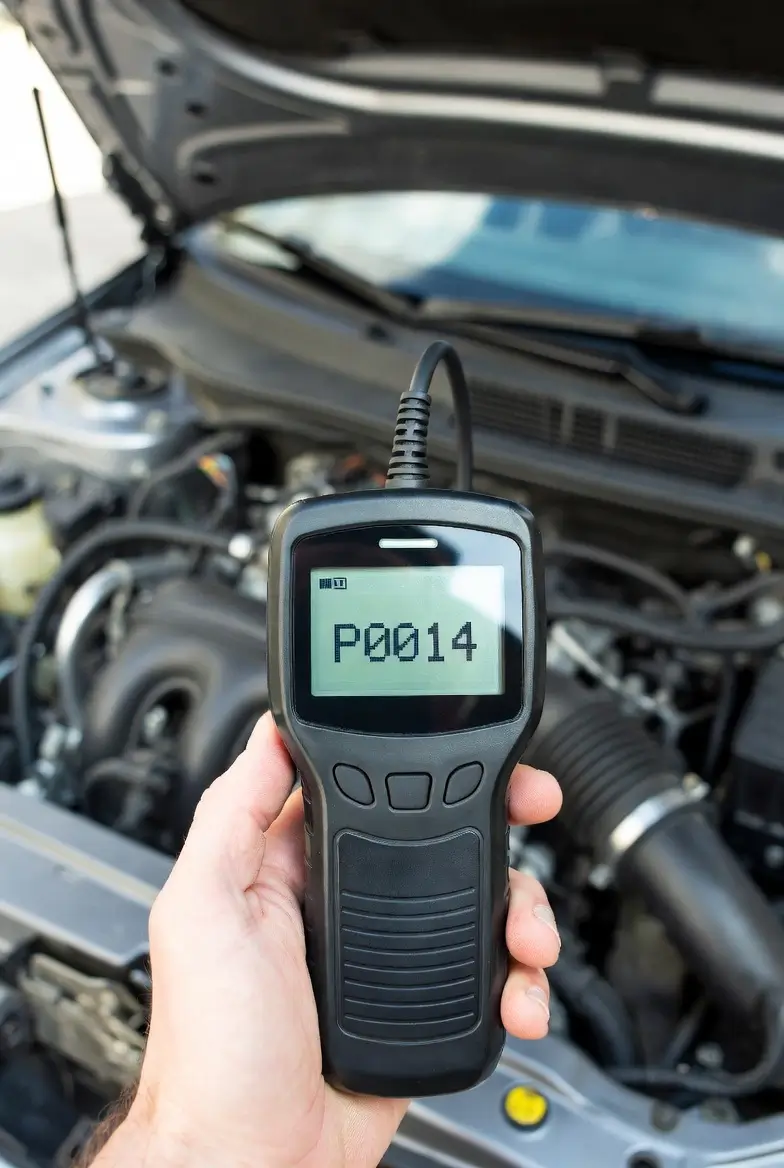 OBD-II scanner displaying P0014 diagnostic trouble code" Perfect pentru articolul P0014
