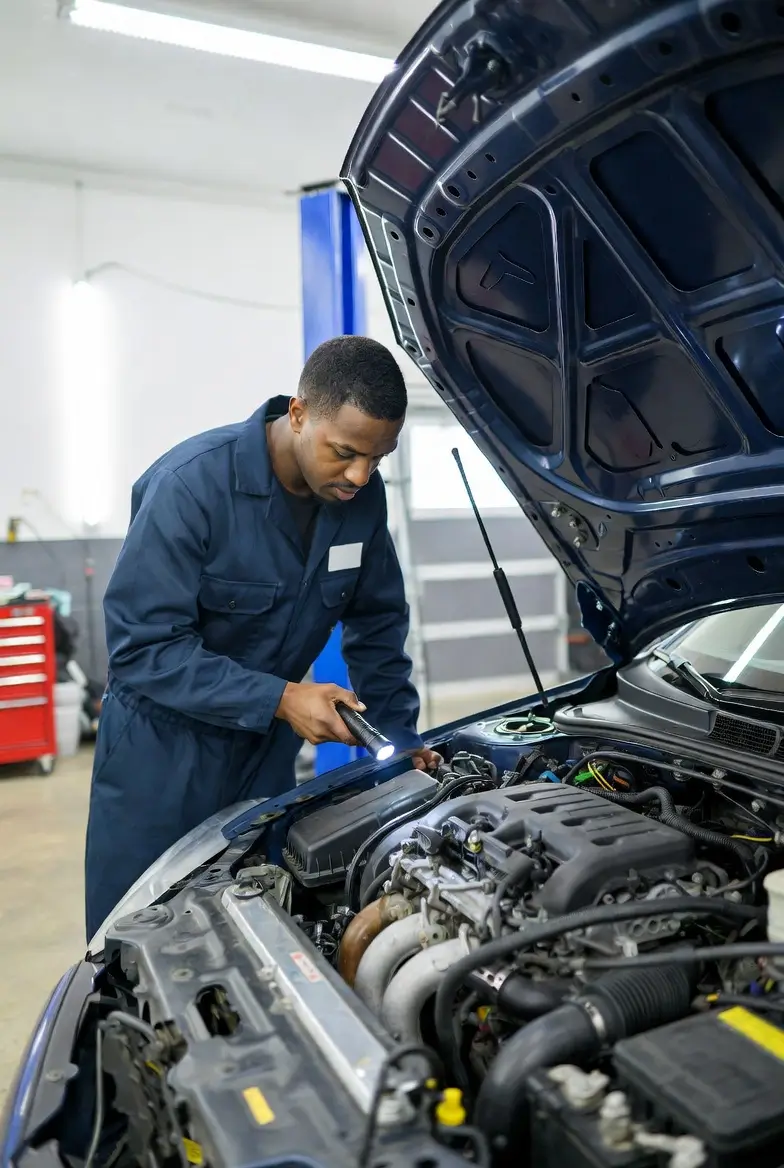 Mechanic inspecting engine bay with flashlight during diagnostic check