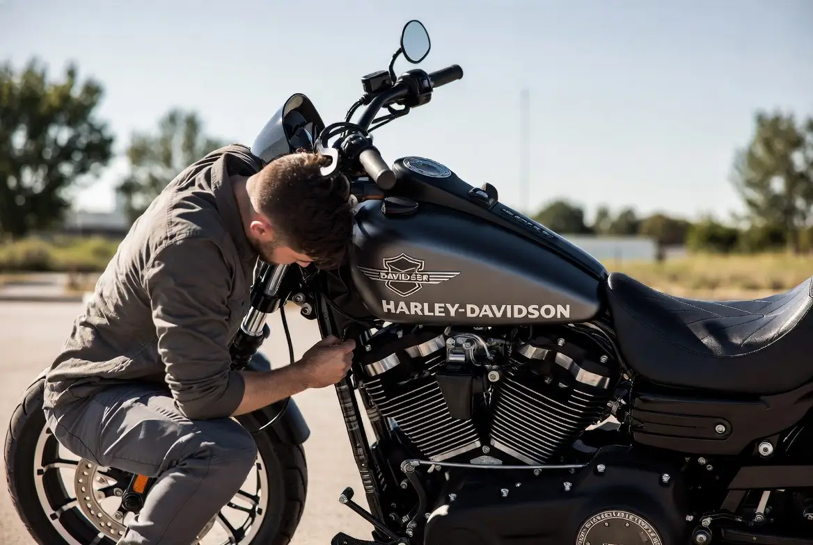Buyer inspecting a used Harley-Davidson motorcycle frame and VIN before purchase