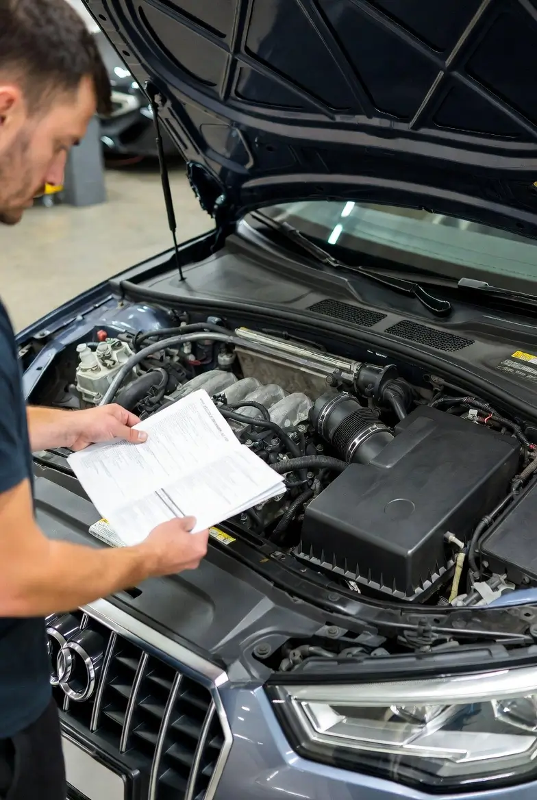 Buyer inspecting Audi engine bay to verify VIN-decoded specifications
