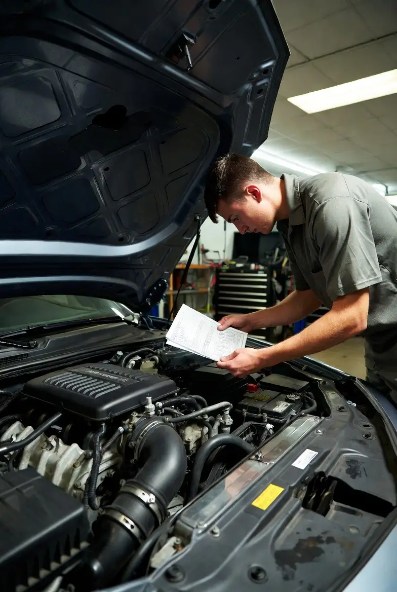 Buyer inspecting Dodge Charger engine bay to verify VIN-decoded specifications
