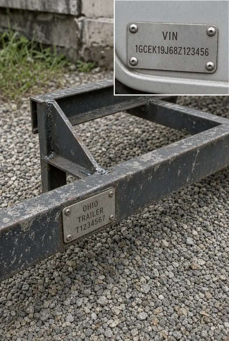 State-issued identification tag on a homemade utility trailer frame