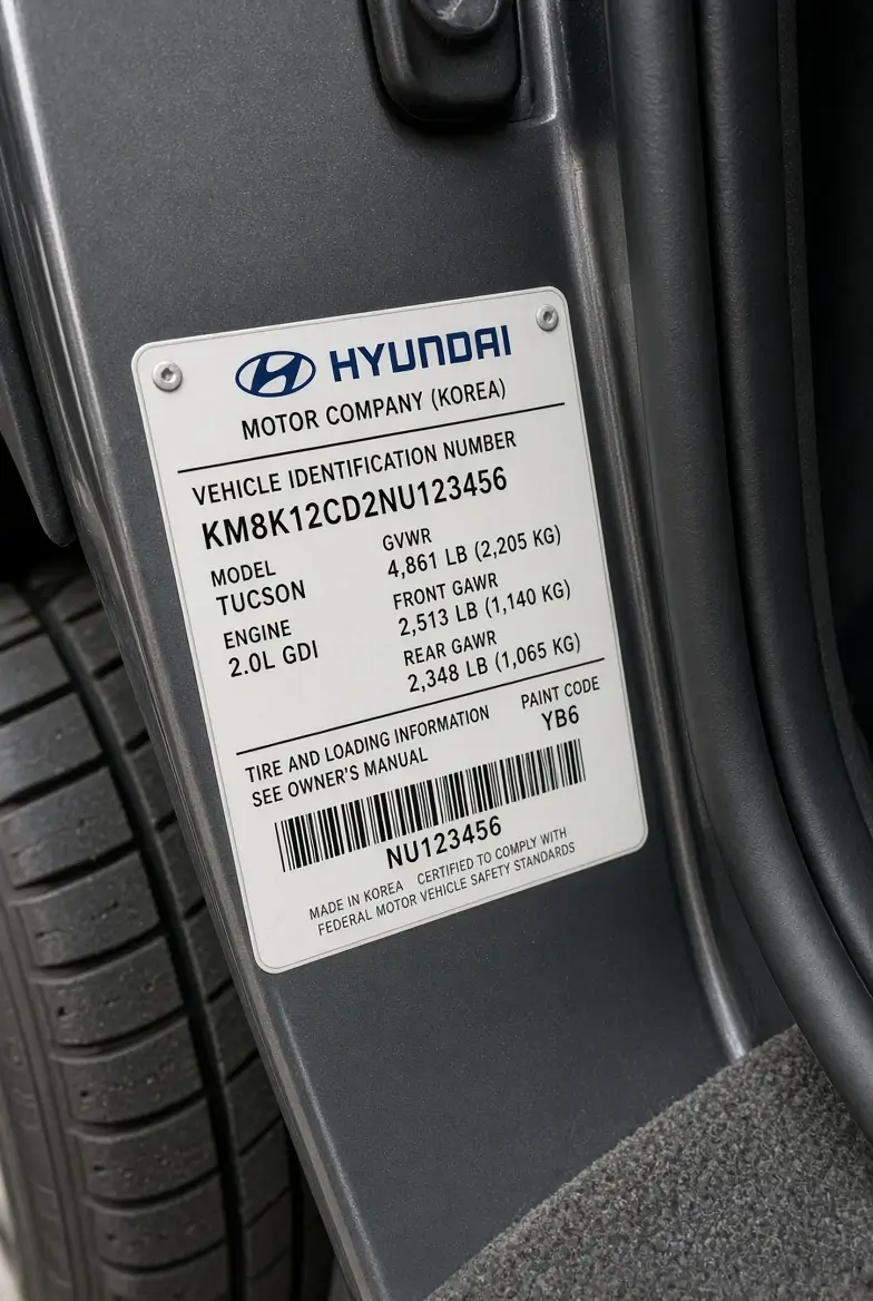 Hyundai VIN sticker on the driver's door jamb showing the 17-character code