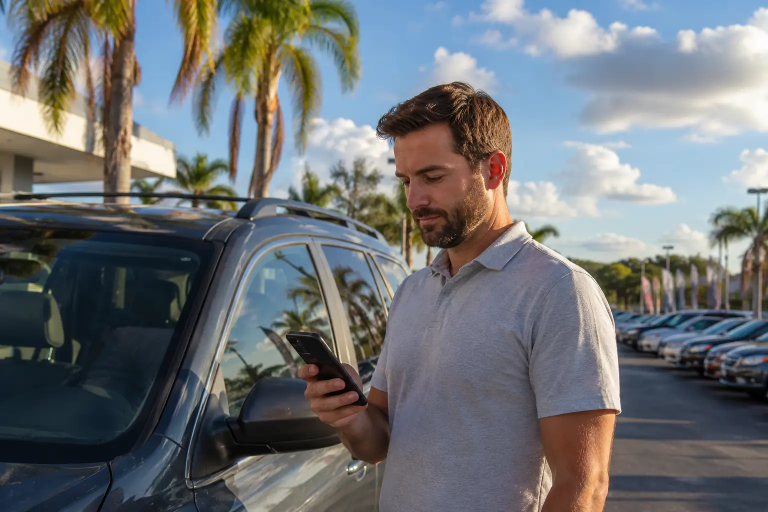 Used car buyer reviewing a vehicle history report on a smartphone beside a car in Florida