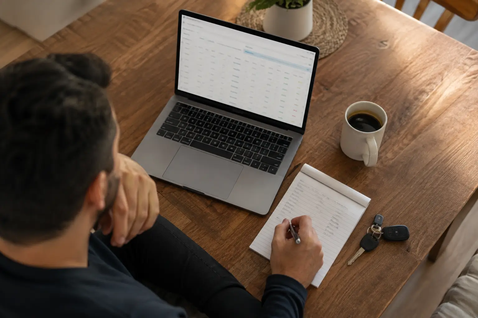 : Person comparing used car valuation figures on a laptop before visiting a dealership