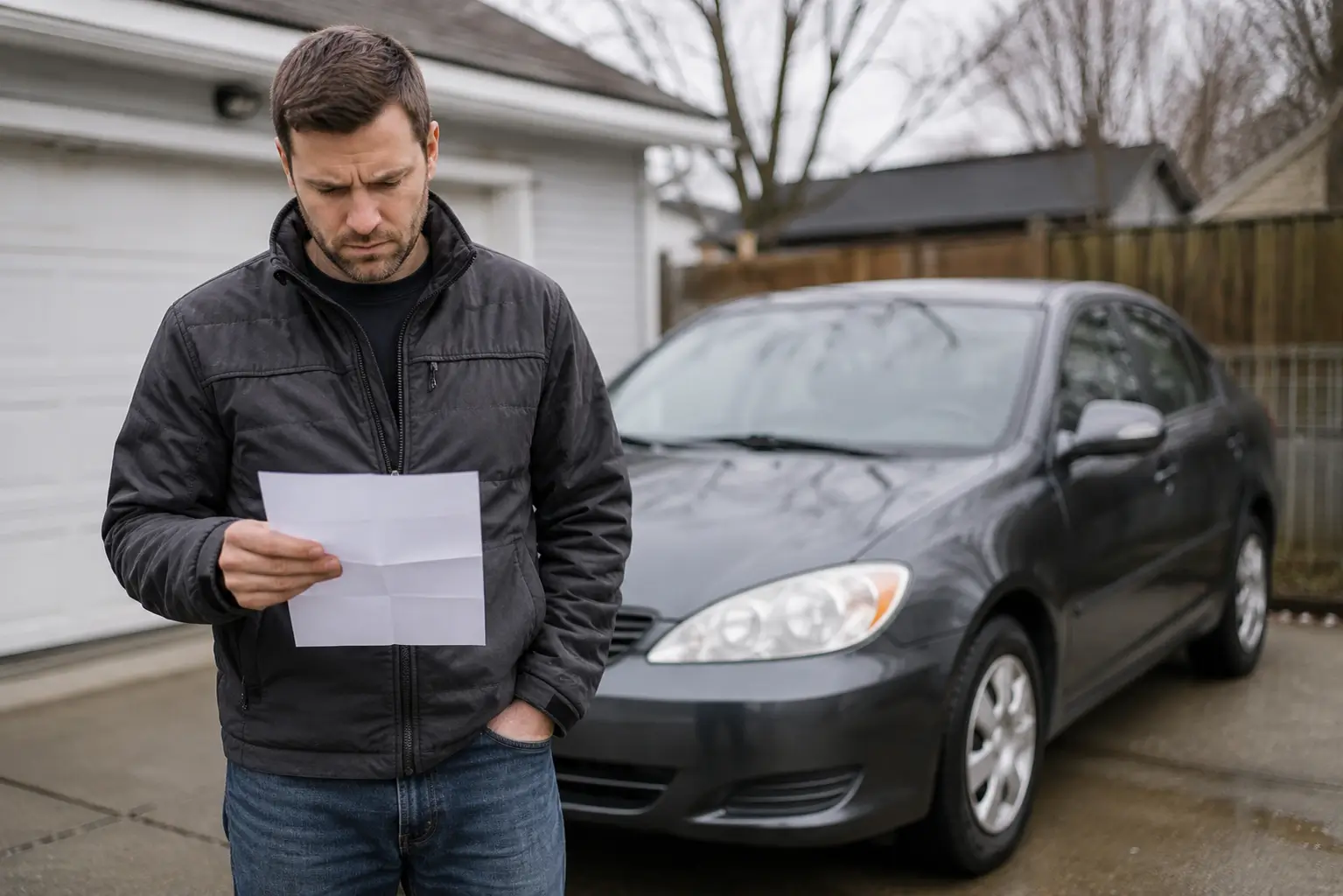 Used car buyer reviewing vehicle title documents beside a car before purchase