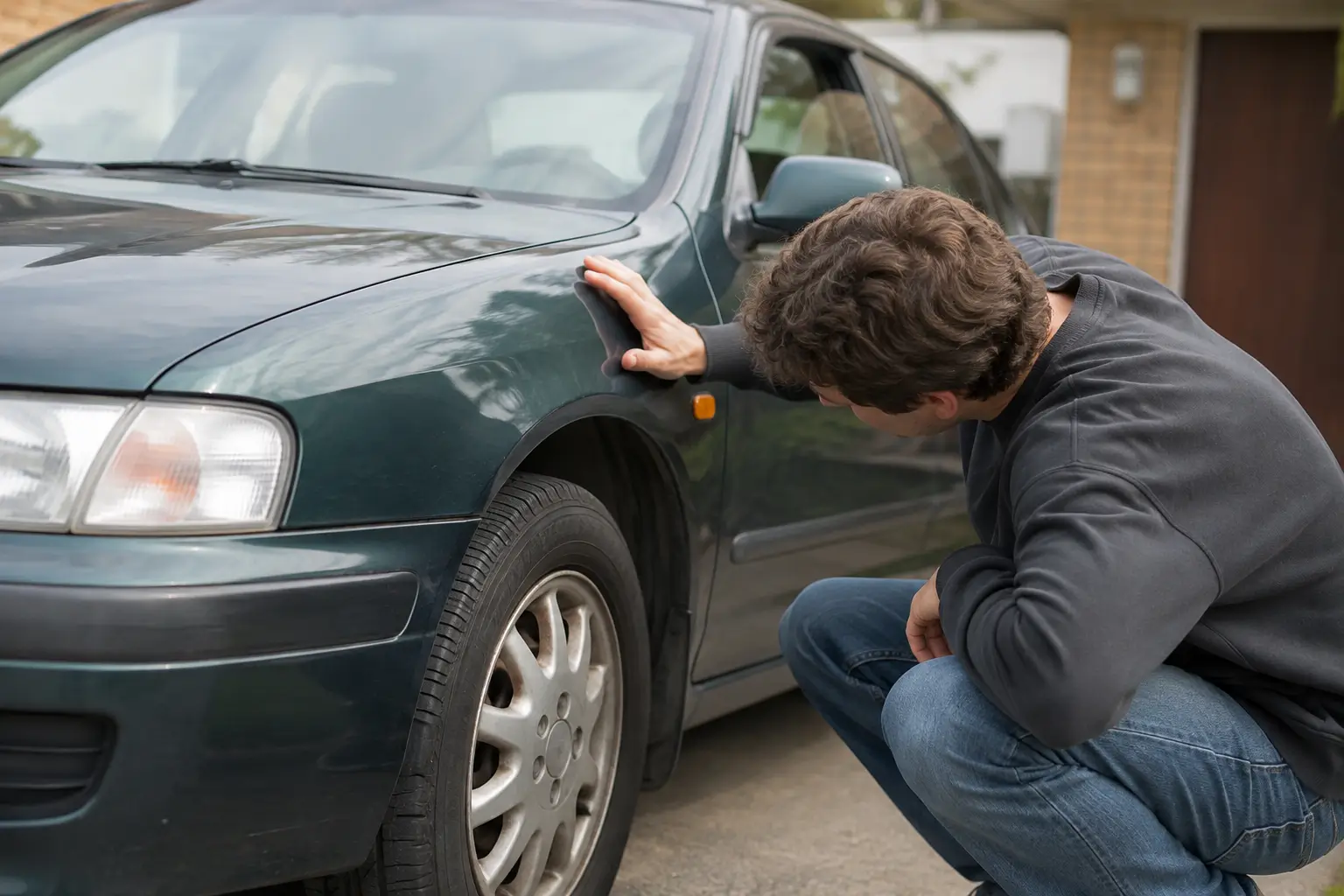 Buyer crouching to inspect panel gaps and body work on a used car before purchase