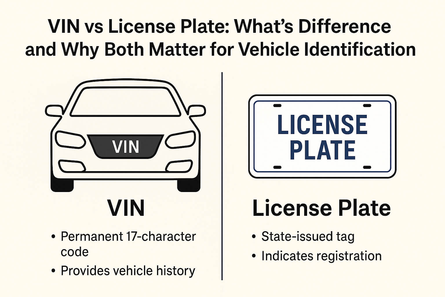 VIN vs License Plate infographic – permanent vehicle ID vs registration tag
