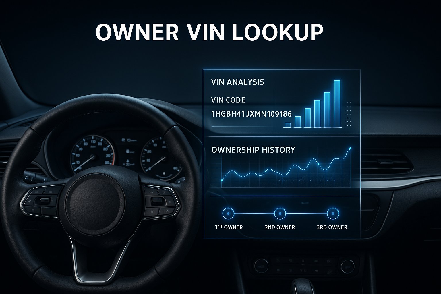 Owner VIN lookup illustration with AI-powered car history analysis showing previous owners, title brands, and state transfers