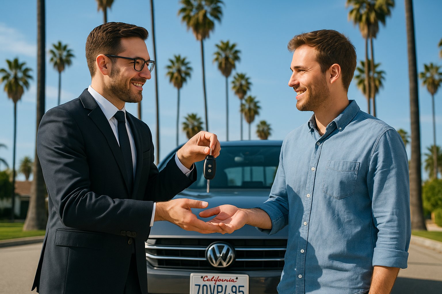 Car seller handing keys to buyer under California palm trees – selling a car in California.