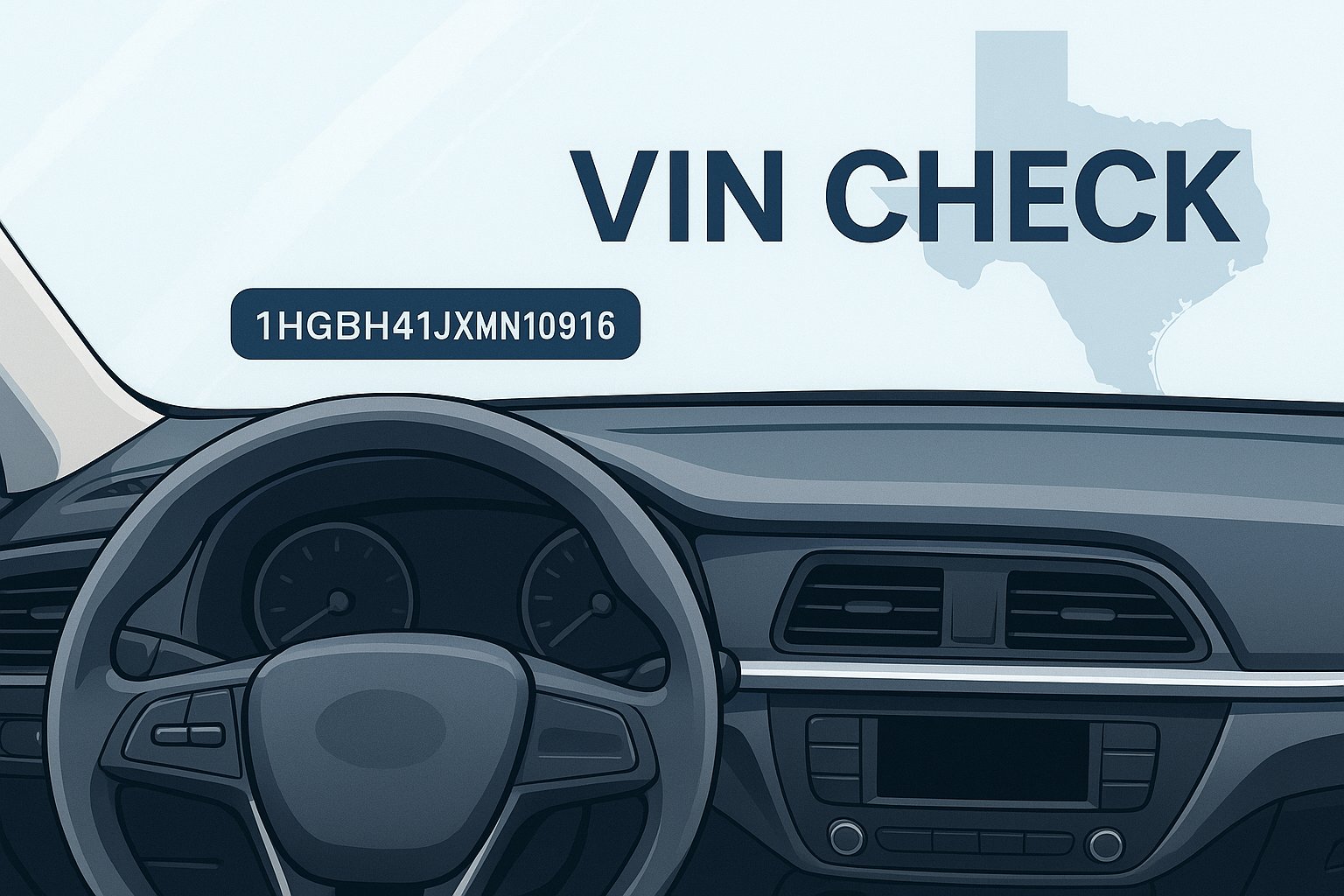 Texas VIN Check dashboard view showing VIN number on windshield and Texas map outline.