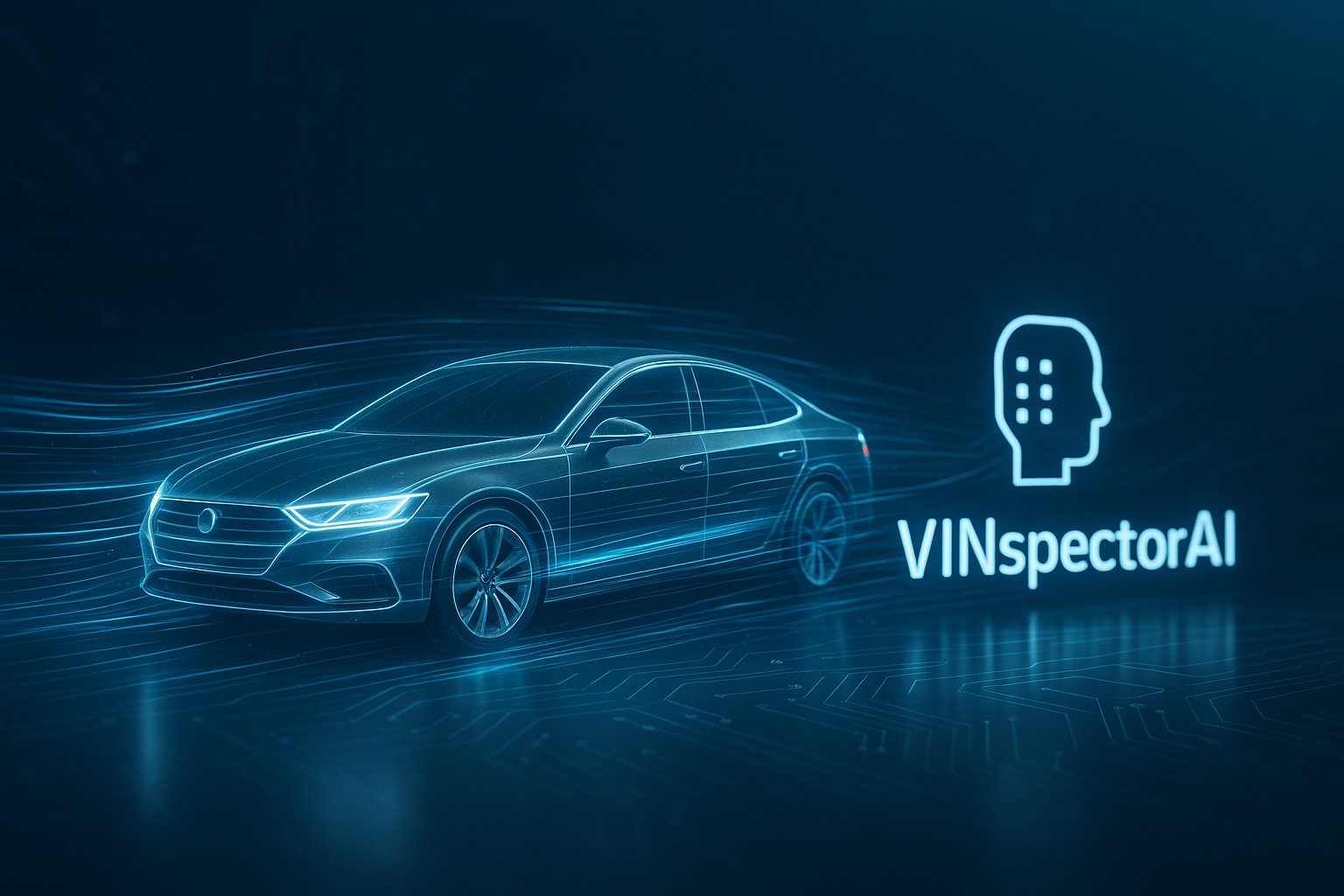 VINspectorAI – the smart solution for a free-auto-history-check, showcased with a futuristic digital car concept.