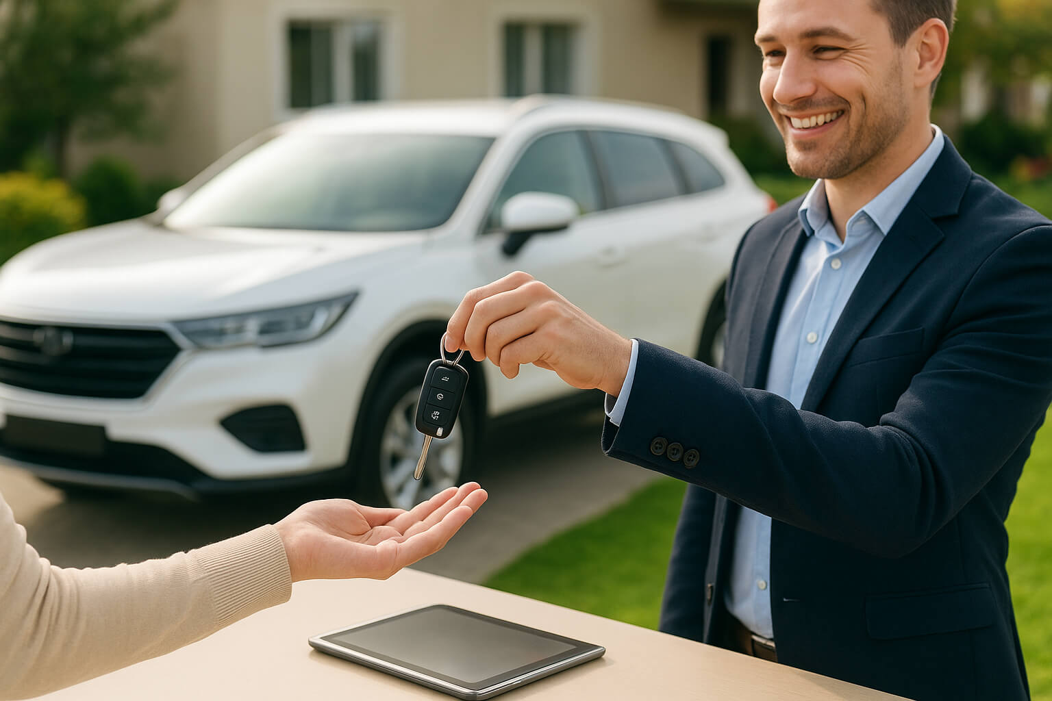 A happy seller hands over the car keys to a buyer, illustrating a successful and stress-free private car sale.