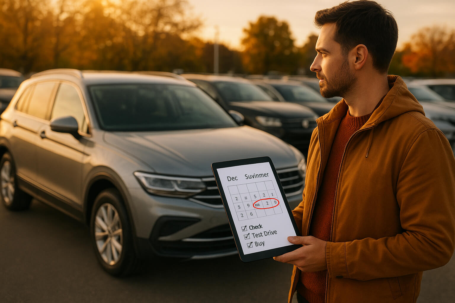 A confident buyer uses a tablet to research the best seasonal time to purchase a used car on a dealership lot.