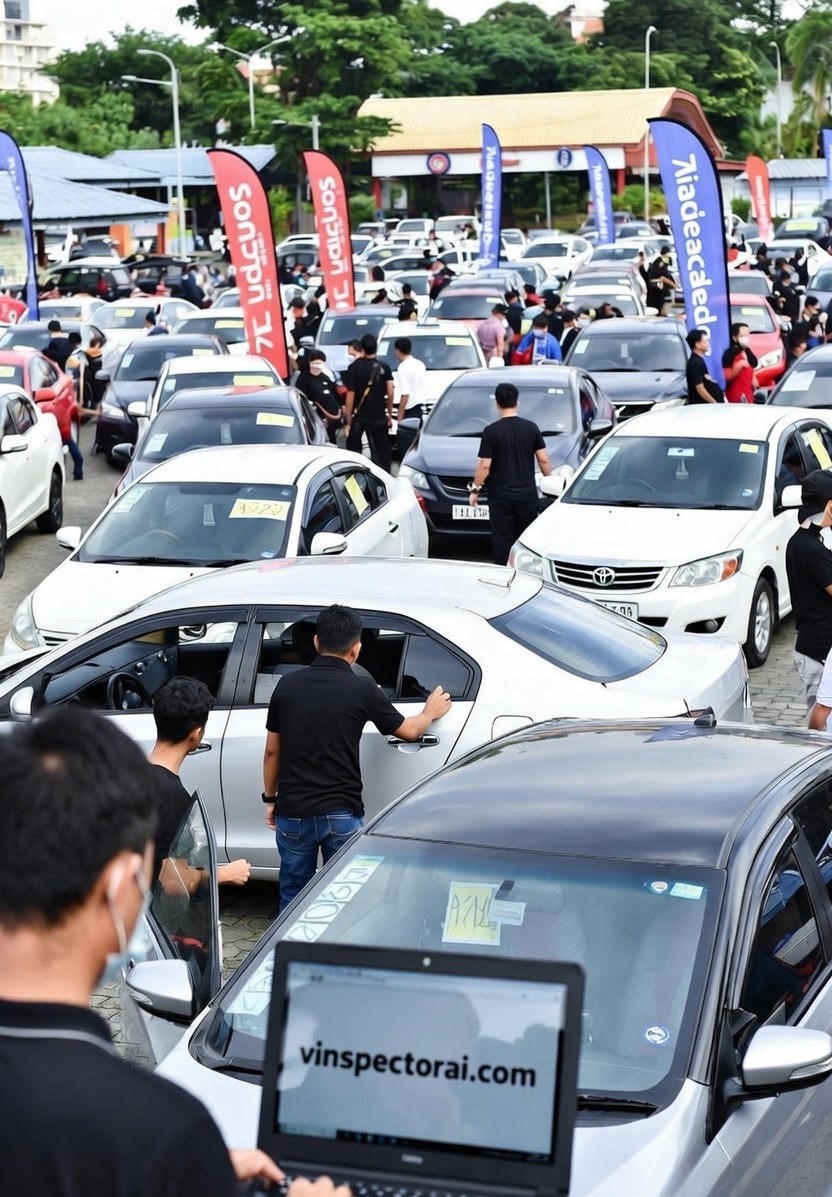 Buyer at a crowded used car dealership using a laptop to check VIN history on vinspectorai.com while inspecting vehicles for sale in 2026.