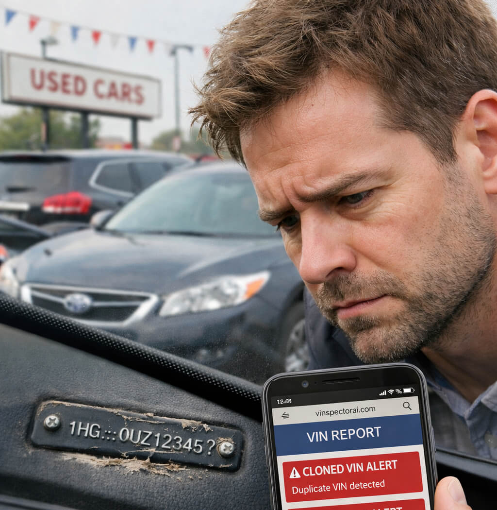 A cautious buyer discovers a potential cloned VIN alert on vinspectorai.com while inspecting a used car at a dealership – a critical moment that highlights the real risks of fake VIN numbers in 2026