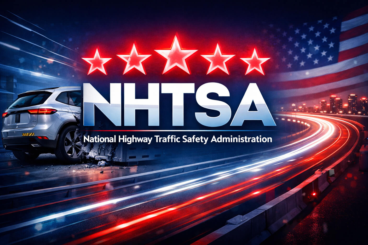 What is NHTSA? Featured image of National Highway Traffic Safety Administration logo with 5 stars, crashed SUV and American highway at night 2026