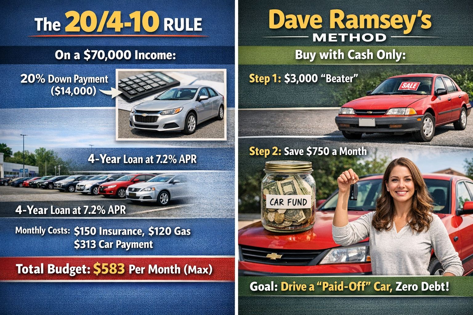 Infographic comparing the 20/4-10 car buying rule and Dave Ramseyβs car buying method, showing a $70,000 income example with down payment, loan term, monthly costs, and the cash-only car buying approach.