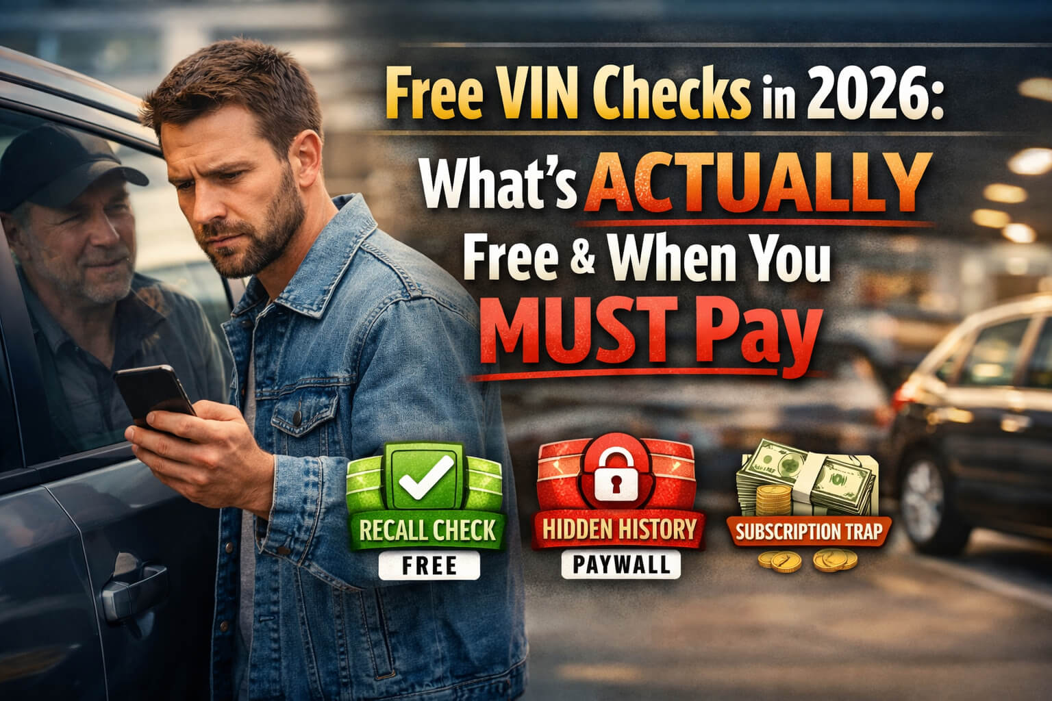 Free VIN check in 2026 showing what data is actually free vs paid including recalls, hidden history and subscription traps